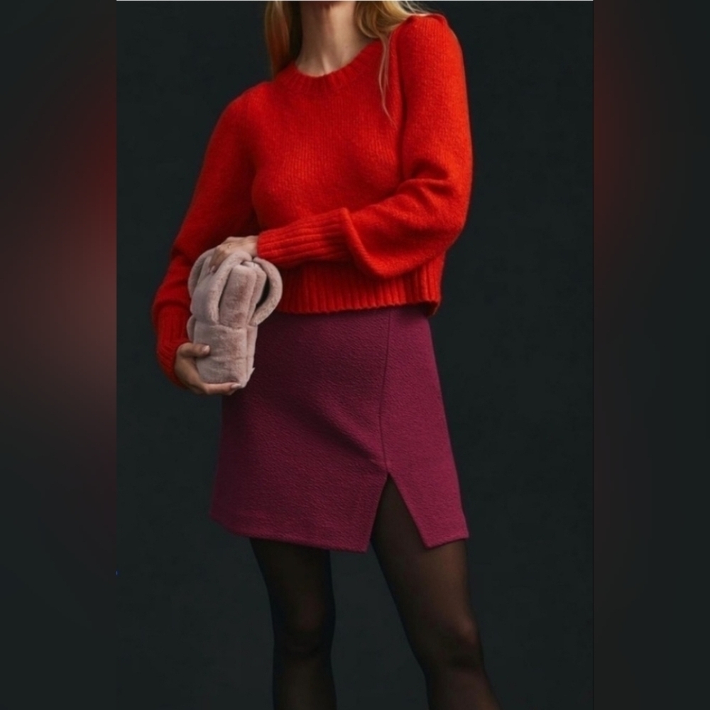 Maeve Anthropologie Women's Orange Crewneck Sweater Puff Sleeve Soft Size M